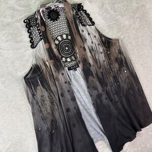 B.L.E.U. Women's Sheer Embellished Open Front Vest Size L Black Brown Lace Back